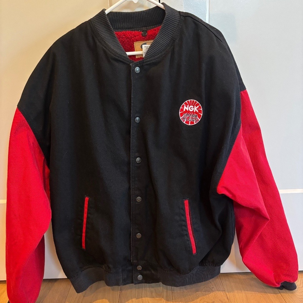 Men's Jacket XXL Black Red USA MADE NGK Spark Plugs Button Up ID Wear Lined‎